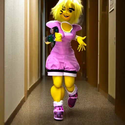 Image similar to Toy Chica walking down a hallway