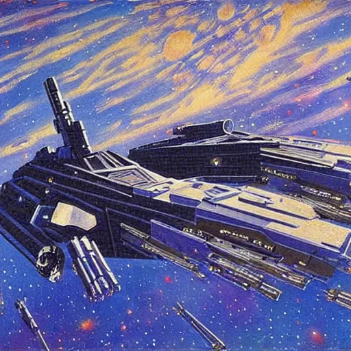 Prompt: star wars spaceship battlecruiser in space preparing for battle by georges lemmen, neo - impressionism, futuristic