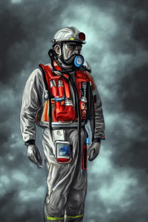 Image similar to paramedic, standing by ambulance, highly detailed, digital art, sharp focus, trending on art station