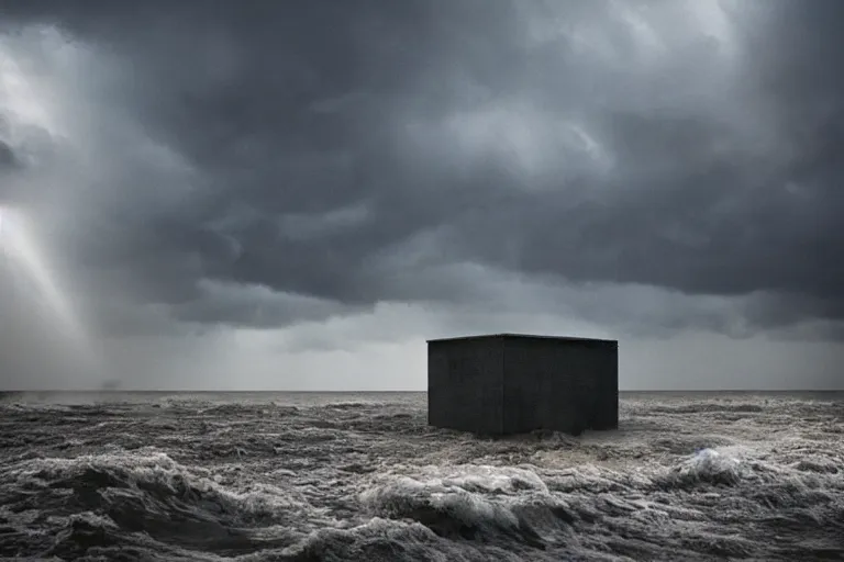 Image similar to danila tkachenko, low key lighting, an abandoned soviet building block in the middle of the ocean, storm, lighning storm, crashing waves, dramatic lighting