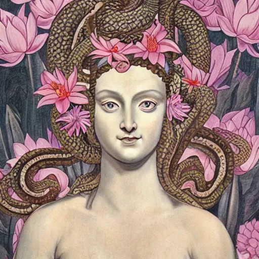 Prompt: detailed, portrait of medusa, surrounded by lotus flowers and snakes