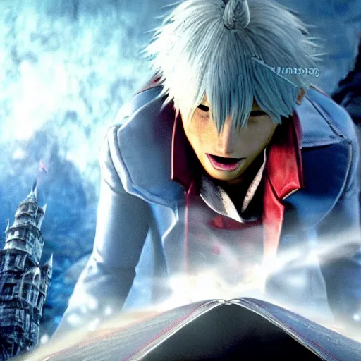 Image similar to a shot of dante from devil may cry in howl's moving castle movie, movie shot, anime, hightly detailed, rescalated 4 k, detailed