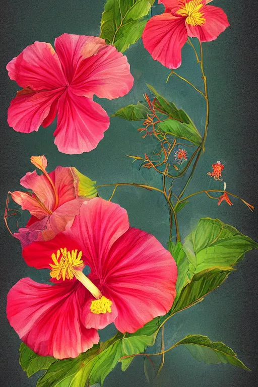 Prompt: beautiful digital matter cinematic painting of whimsical botanical illustration of hibiscus whimsical by greg rutkowki artstation