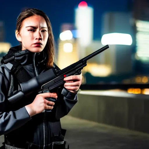 Image similar to photographic portrait of a techwear woman holding a shotgun, closeup, on the rooftop of a futuristic city at night, sigma 85mm f/1.4, 4k, depth of field, high resolution, 4k, 8k, hd, full color, Die Hard, movies with guns, movie firearms