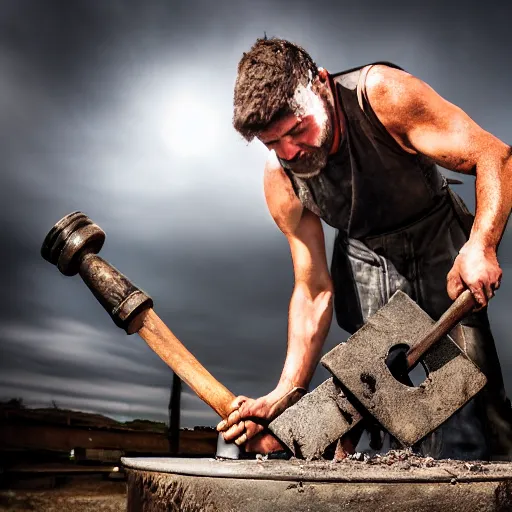 Image similar to a dirty blacksmith with the hammer raised aloft in front of an anvil, 4K, realistic photo, award winning EOS-1D, f/1.4, ISO 200, 1/160s, 8K, RAW, unedited, symmetrical balance, in-frame