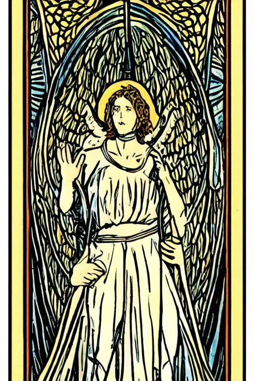 Prompt: a Tarot card depicting an angel, in the style of art nouveau