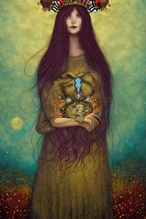 Prompt: surreal medieval princess with a crown riding a bear, nostalgia for a fairytale, magic realism, flowerpunk, mysterious, vivid colors, by andy kehoe, amanda clarke