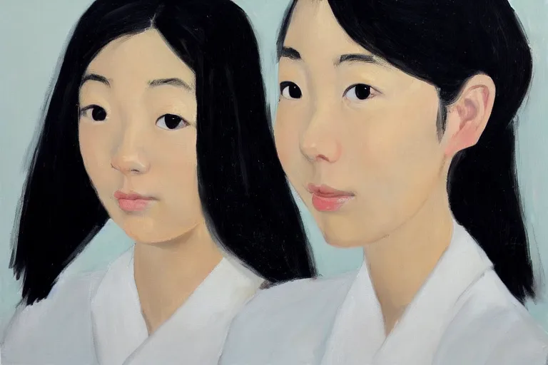 Prompt: a portrait of a cute japanese girl, oil painting by alex katz, trending on artstation