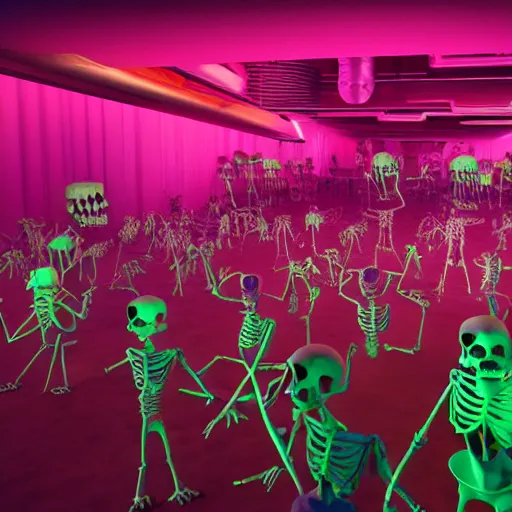 Image similar to photo, a giant crowd of claymation skeletons by ray harryhausen dancing inside a colorful futuristic synthwave night club, edge lighting, ray traced lighting