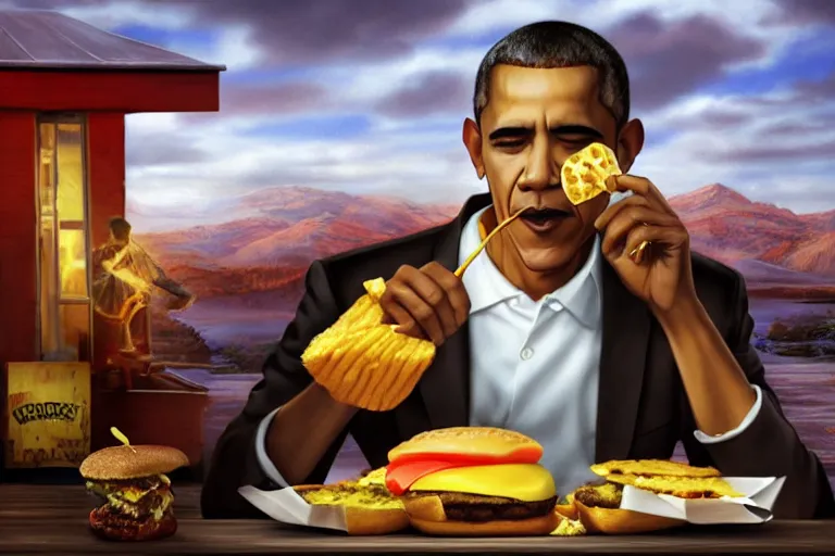 Image similar to obama eating a cheeseburger at the end of the world, high detailed, high resolution, 8k, hd, cinematic lighting