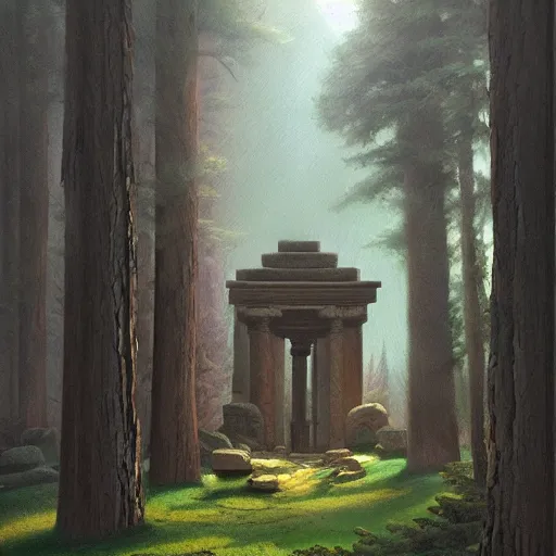 Image similar to phoenician temple in the woods of maine, artstation, matte oil painting, crisp, sharp, darrell k sweet, mysterious