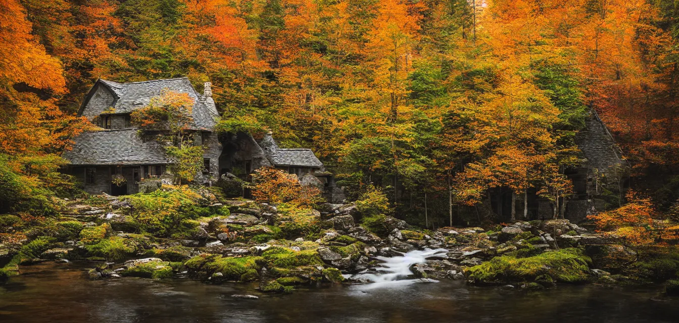 Image similar to sparse stone cottages underneath a dense tall forest, with pristine reflex from cascading ponds. gorgeous, elegant, sophisticated, an ultrafine painting, intricate brush strokes, bright depth oil colors, photography by araken alcantara. intense promiseful happiness, autumn sunrise warm light, detailed and intricate environment. hopeful. bodyscapes