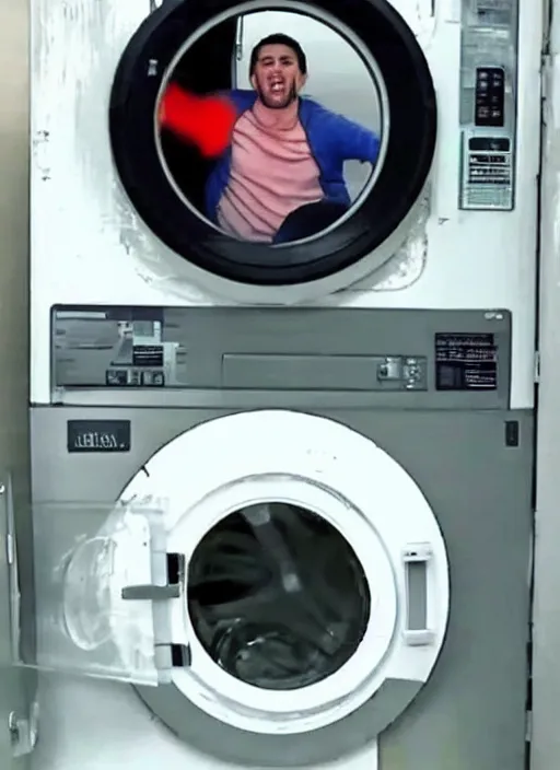 Prompt: man stuck inside a washing machine, bad quality, shaky camera, funny