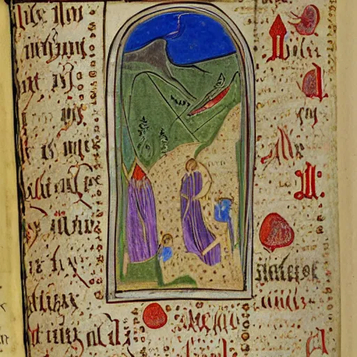 Prompt: The hollow hill of the gods, illustrated in medieval manuscript. Confidential.