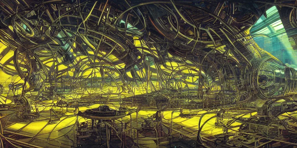 Image similar to wide shot, interior of an alien spaceship, futuristic, surrealism, sci - fi, heavy machinery, humanoids working, neon tubes crepuscular rays, ray tracing, by patrick woodroffe and mike worrall