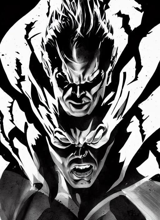 Image similar to portrait, comic villain, black and white comic panel, cover Art, inking, Dynamic lighting, cinematic, establishing shot, extremely high detail, photo realistic, cinematic lighting, pen and ink, intricate line drawings, post processed, concept art, artstation, matte painting, midjourney, style by alex ross, neal adam