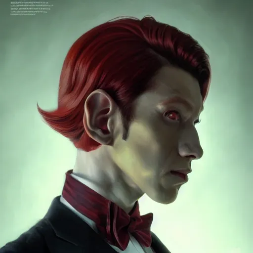 Prompt: portrait of a beautiful nonbinary actor with dark skin and messy short red hair wearing a men's suit, elf ears and yellow slitted eyes, by Gerald Brom and Ross Tran, hyper-realistic, dramatic lighting, 4K, trending on artstation