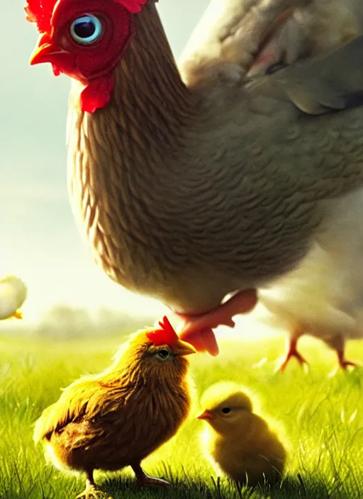 Prompt: a hen and her two cute small yellow chicks on a meadow, mama movie poster by nuri iyem, james gurney, james jean, greg rutkowski, anato finnstark. pixar. hyper detailed, 5 0 mm, award winning photography, perfect faces