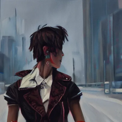 Prompt: oil painting of punk woman wearing large belt collar around neck, standing in city area, 4 k, artstation