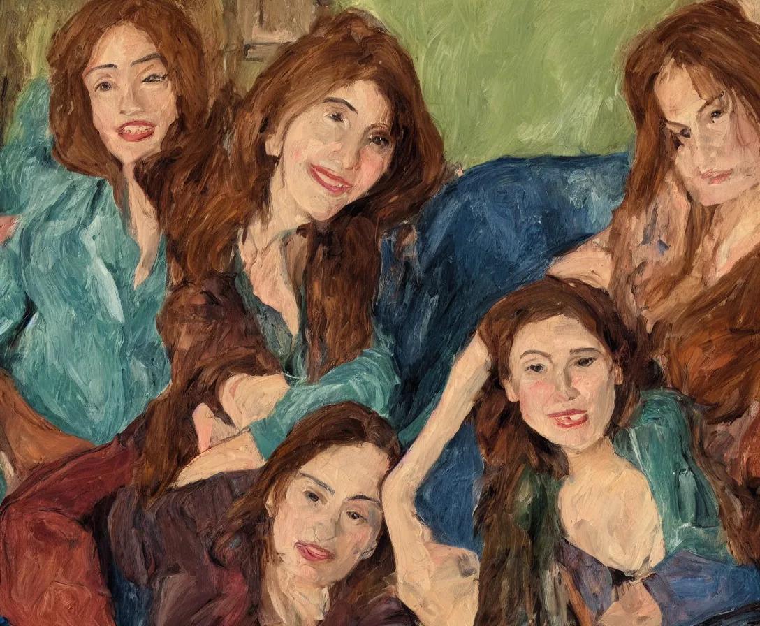 Image similar to close up portrait of pretty bella and esther with brown hair lying horizontal next to each other, in an old english apartment on a brown leather sofa. one is wearing a dark blue sweather, the other a white shirt. close up. in the style of lucien freud. oil painting. green light. thick colorful brush strokes. smiling