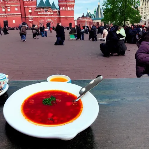 Prompt: Dragon for tales eating russian borsch soup on the Red Square,