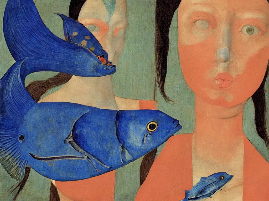 Image similar to portrait of a woman head with close up exotic southern blue devil fish. lapis lazuli, malachite, cinnabar, gold. painting by piero della francesca, balthus, agnes pelton