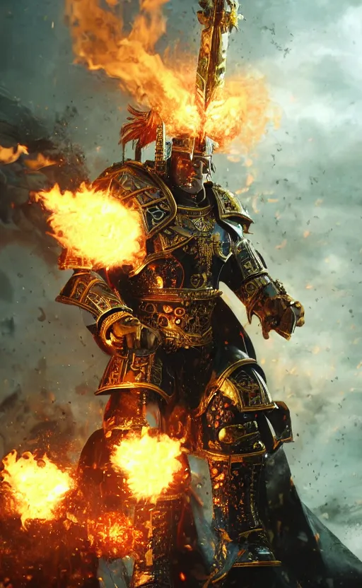 Image similar to 10 foot tall Henry Cavill as warhammer 40k Emperor of Mankind dressed in his golden power armor holding a flaming sword in his right hand. full-length portrait, beautiful face, long hair, painted by Donato Giancarlo and Annie Liebowitz, fine details, cinematic, highly detailed, octane render