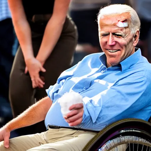 Prompt: obese joe biden sitting in a wheelchair, licking icecream