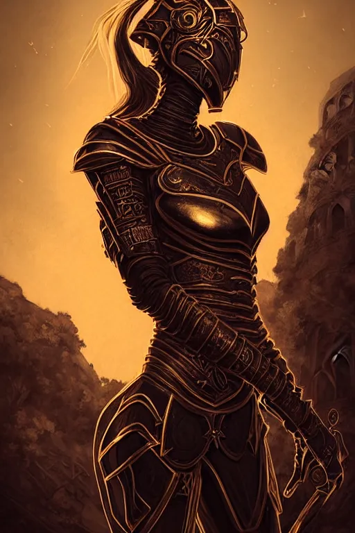 Prompt: portrait knights of Zodiac girl, metallic black and red color reflected armor, in ruin Agora of Athens sunset, ssci-fi, fantasy, intricate, natural atmosphere, cinematic lighting, elegant, golden light, highly detailed, digital painting, concept art, smooth, sharp focus, illustration, art by NIXEX and and tian zi and WLOP and loish and greg rutkowski and alphonse mucha