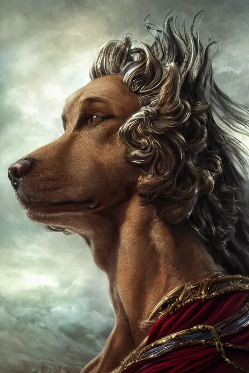 Image similar to Dog as a god, detailed face, gorgeous, amazing, flowing hair, very muscular male body, partial anatomy, stormy background, caesar victorious, proud Emperor, crepuscular ray, intricate, highly detailed, 8K, digital painting, fantasy, artstation, concept art, sharp focus, over-shoulder shot, illustration, art by greg rutkowski beeple and alphonse mucha