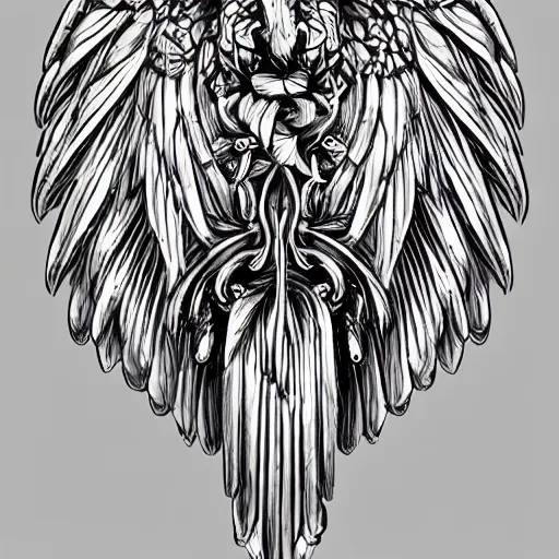 Prompt: beautiful decorative classical ornamental emblem, sacred hawk spirit, hawk wings, talons, fibonacci rhythms, lilies, petals, lily petals, acanthus scrolls, small medium and large elements, artgerm, trending on artstation, wlop, russ abbott, chiaroscuro, grayscale