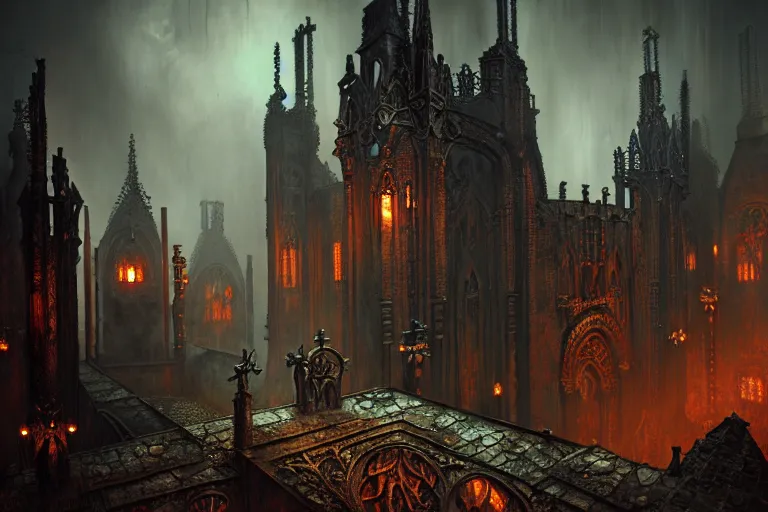 Image similar to steam necropolis, memento mori, gothic, neo - gothic, art nouveau, hyperdetailed copper patina medieval icon, stefan morrell, philippe druillet, ralph mcquarrie, concept art, steampunk, unreal engine, detailed intricate environment, octane render, moody atmospherics, volumetric lighting, ultrasharp, ominous, otherworldly