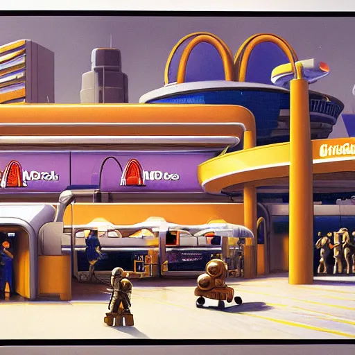 Image similar to intricately detailed ralph mcquarrie concept art of a futuristic mcdonalds with the golden arches displayed. a space station is seen off in the distance with various droids and people walking in the foreground. a trooper is seen holding a brown mcdonalds bag.