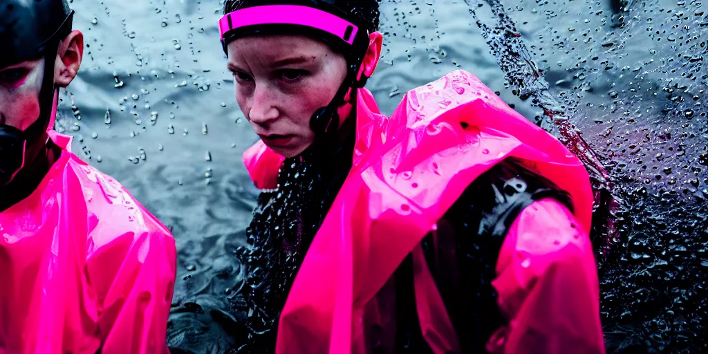 Image similar to cinestill 5 0 d candid photographic portrait by helen levitt of two cyborgs wearing rugged neon pink mesh techwear in treacherous waters, extreme closeup, modern cyberpunk moody depressing cinematic, pouring rain, 8 k, hd, high resolution, 3 5 mm, f / 3 2, ultra realistic faces, ex machina