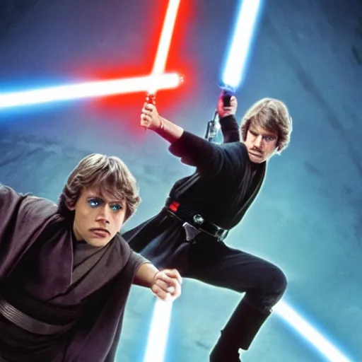 Prompt: luke skywalker fighting anakin skywalker, star wars, lightsaber