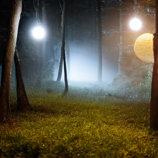 Image similar to forrest illuminated by glowing spheres, mist on ground, dramatic, night, 5 5 mm
