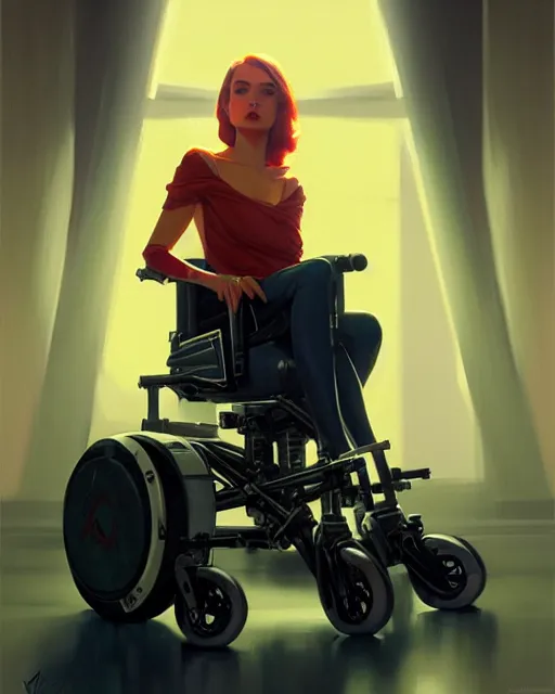 Image similar to masterpiece concept art, a beautiful highly detailed sci - fi lady on wheelchair, artist of 2 2 nd century, cinematic moody colors, realistic shaded lighting poster by ilya kuvshinov, magali villeneuve, artgerm, jeremy lipkin and michael garmash and rob rey,