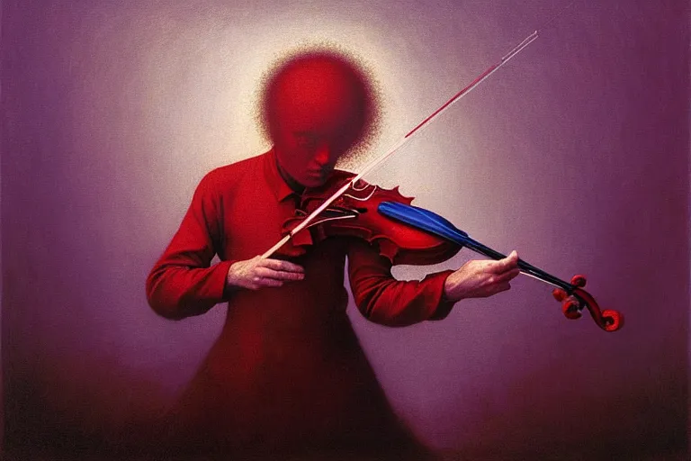 Image similar to surreal concept of the mystery musician with colored smoke playing a violin, in the style of rafał olbinski, in the style of beksinski, intricate and epic composition, red by caravaggio, insanely quality, highly detailed, masterpiece, purple light, artstation, 4 k