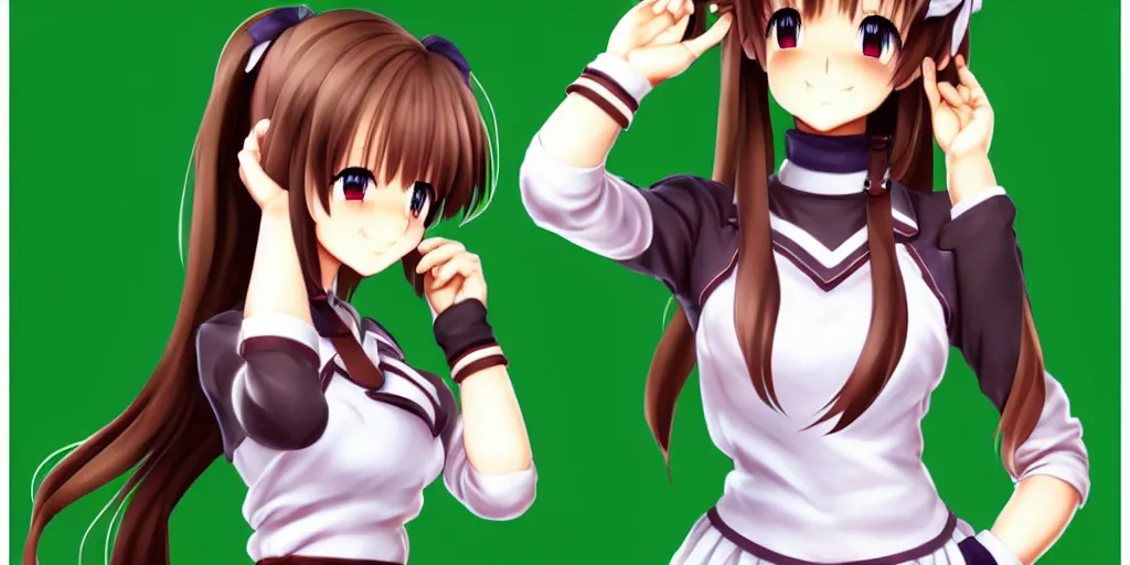 Prompt: full body videogame sprite of a beautiful anime high school girl at the subway, full body, brown hair, ponytail, white ribbon, green eyes, full perfect face, slightly smiling, detailed background, drawn by Artgerm, Sasoura, Satchely, no distorsion