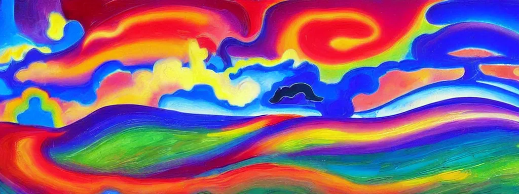 Prompt: Psychedelic sci-fi dreamworld. Landscape painting. Organic. Winding rushing water. Waves. Clouds. Peter Max.