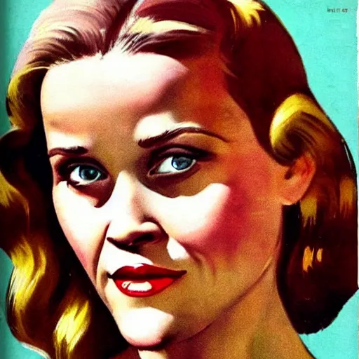 Prompt: “Reese Witherspoon portrait, color vintage magazine illustration 1950”