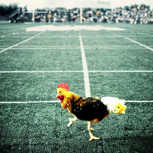 Image similar to the famous funky chicken runs across a football field, interrupting the big game, 3 5 mm