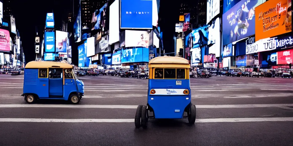 Image similar to a blue and white tuk tuk in Times Square at night, very hazy, cloudy, diffused lighting, moody, dark purple tones, shallow depth of field, 4k