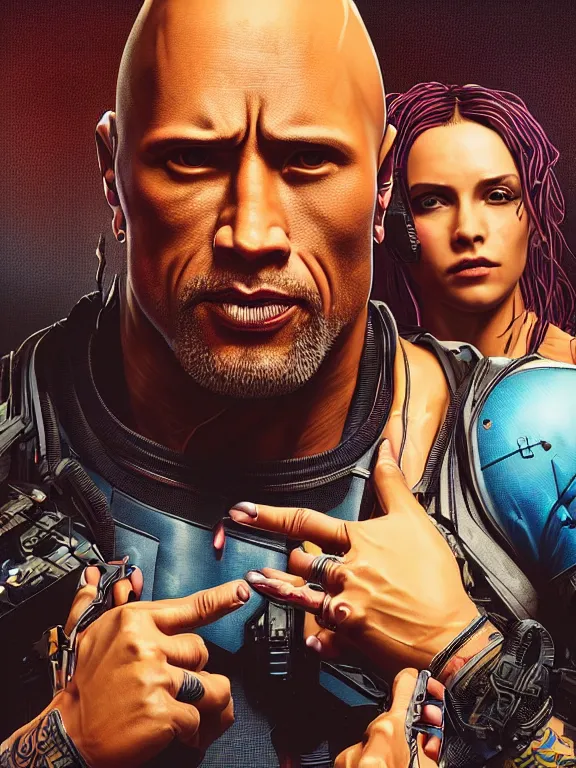 Image similar to a cyberpunk 2077 portrait of Dwayne Johnson holding a female android,complex mess of cables and wires behind them connected to giant computer,film lighting,by laurie greasley,Lawrence Alma-Tadema,William Morris,Dan Mumford, trending on atrstation,full of color,face enhance,sharp focus,highly detailed,8K, octane,golden ratio,cinematic lighting