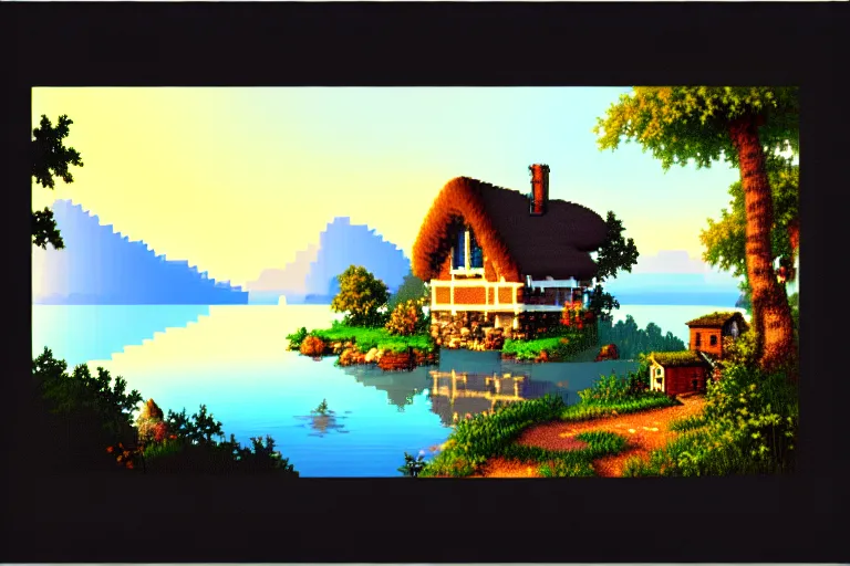 Image similar to view of a cottage above an azure lake, beautiful detailed pixelart by albertov, intricate details, smooth gradients, beautiful, volumetric lighting, cgsociety, artstation