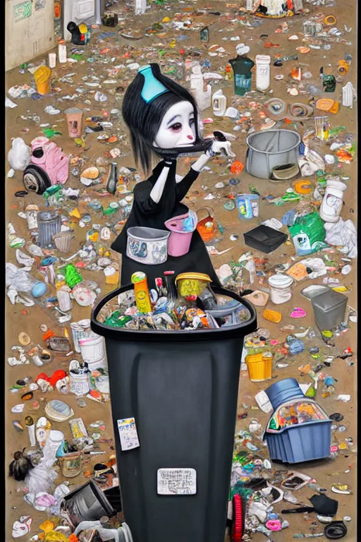 Prompt: full view, from a distance, of anthropomorphic trashcan who is marcel duchamp, full of trash, style of yoshii chie and hikari shimoda and martine johanna, highly detailed