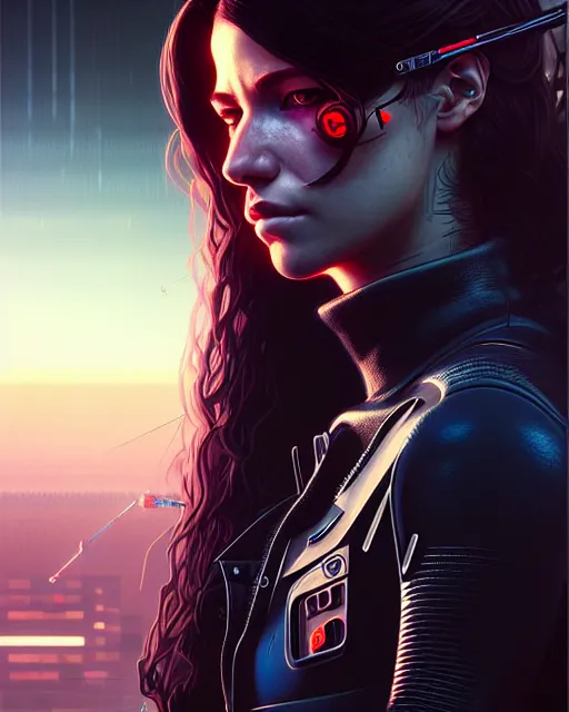 Prompt: cyberpunk synth, hyper - realistic portrait of a female hunter, dynamic wavy hair, intricately detailed background, detailed designs, digital painting, 4 k, by ilya kuvshinov, by greg rutkowski, atmospheric lighting