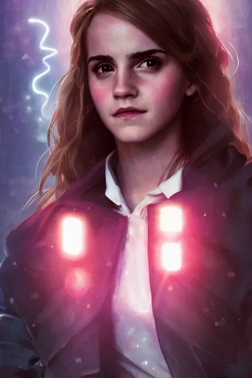 Image similar to portrait of Emma Watson as Hermione Granger in cyberpunk, neon lighting, night city, digital art from artstation by Ruan Jia and Mandy Jurgens and Artgerm and william-adolphe bouguereau and Greg Rutkowski and Wayne Barlowe