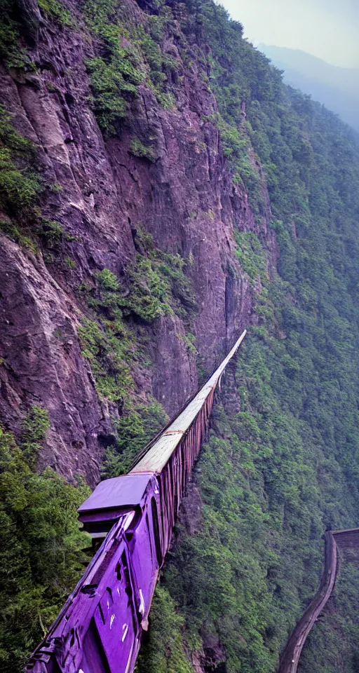 Prompt: a hurtling descent from the heights of the Himalayas shrouded in a dreamy purple haze, in a rickety single rail boxcar train over a treacherous bridge precipice over a high chasm ravine, thrilling cinematic lighting, dramatic action atmosphere, by Samson Pollen, Robert Maguire, Mort Kunstler, Storm Thorgerson, Glen Orbik, 4k resolution, nier:automata inspired, bravely default inspired, luminous sky heaven background