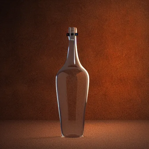 Prompt: transparent ancient wine bottle, raytracing, orthographic 3d rendering, octane render